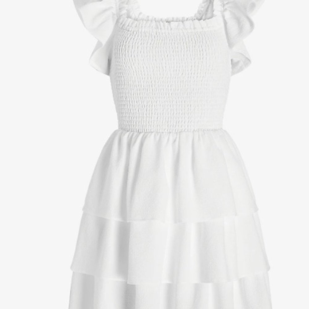 EXPRESS SMOCKED RUFFLE OFF THE SHOULDER DRESS IN WHITE